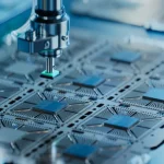 An automated robotic arm performing high-precision assembly of AI memory chips on a circuit board, illustrating the resource-intensive manufacturing process