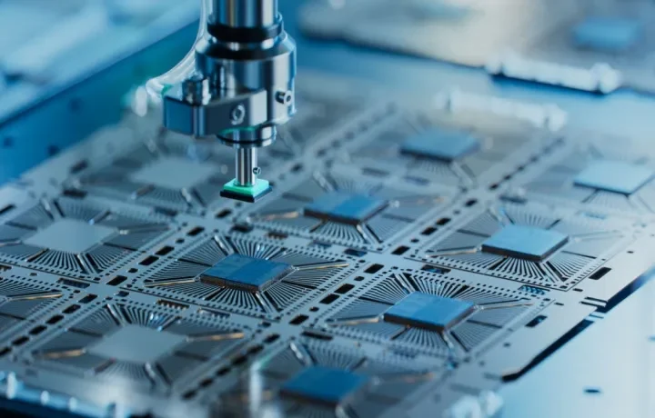 An automated robotic arm performing high-precision assembly of AI memory chips on a circuit board, illustrating the resource-intensive manufacturing process