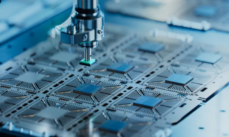 An automated robotic arm performing high-precision assembly of AI memory chips on a circuit board, illustrating the resource-intensive manufacturing process