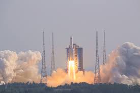 A private Chinese commercial rocket launching from a coastal pad, representing the China private space industry growth.